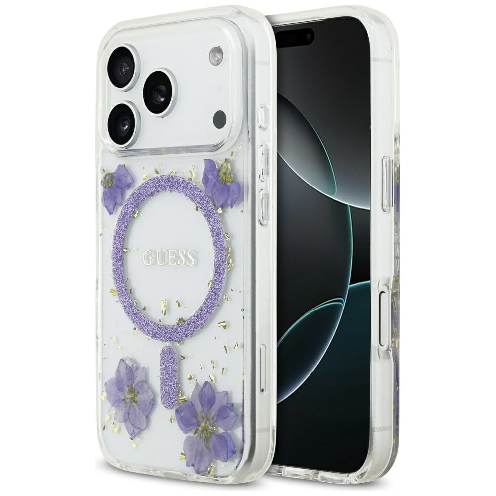 GUESS dėklas IPHONE 17 Pro, suderinamas su MagSafe GUHMP17LRBFGFGMU (dervos gėlės ir blizgučiai), violetinė