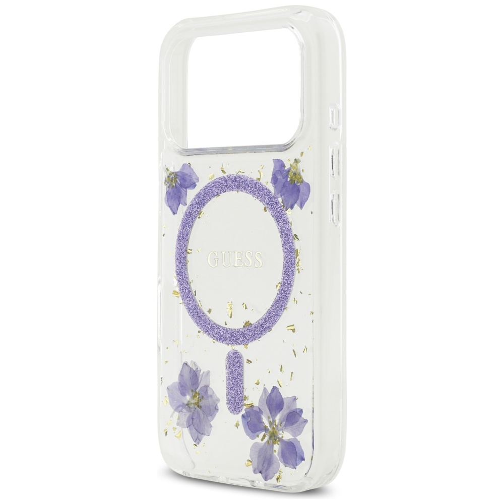 GUESS dėklas IPHONE 17 Pro, suderinamas su MagSafe GUHMP17LRBFGFGMU (dervos gėlės ir blizgučiai), violetinė