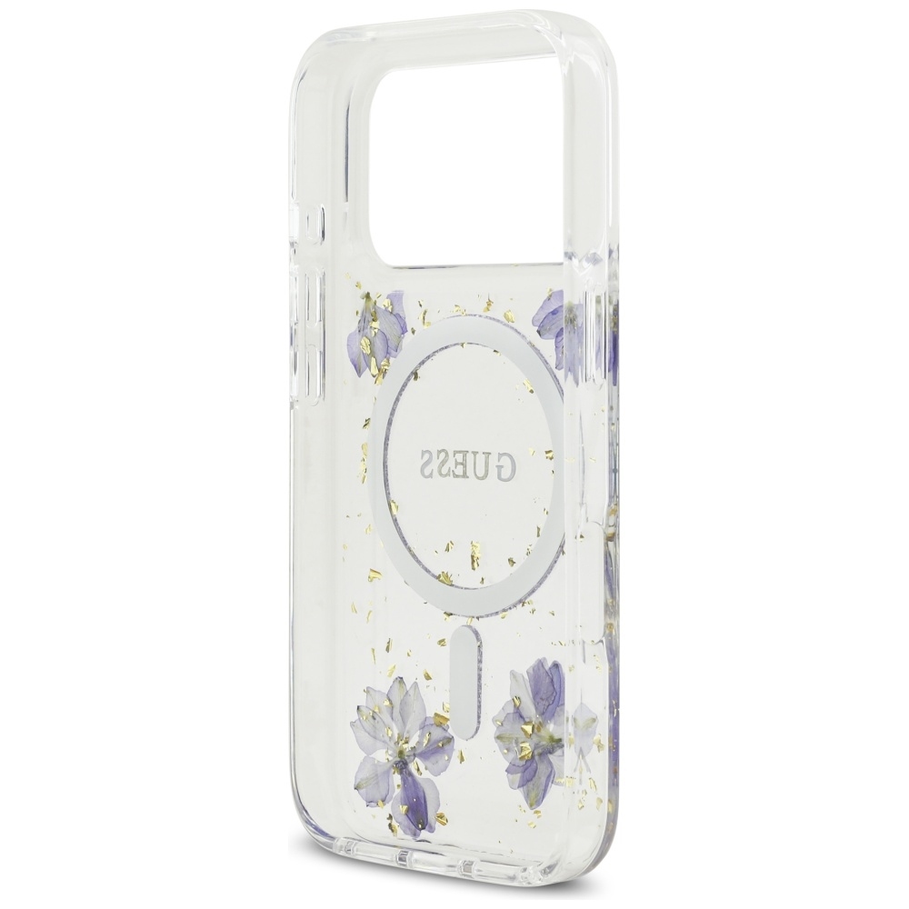 GUESS dėklas IPHONE 17 Pro, suderinamas su MagSafe GUHMP17LRBFGFGMU (dervos gėlės ir blizgučiai), violetinė