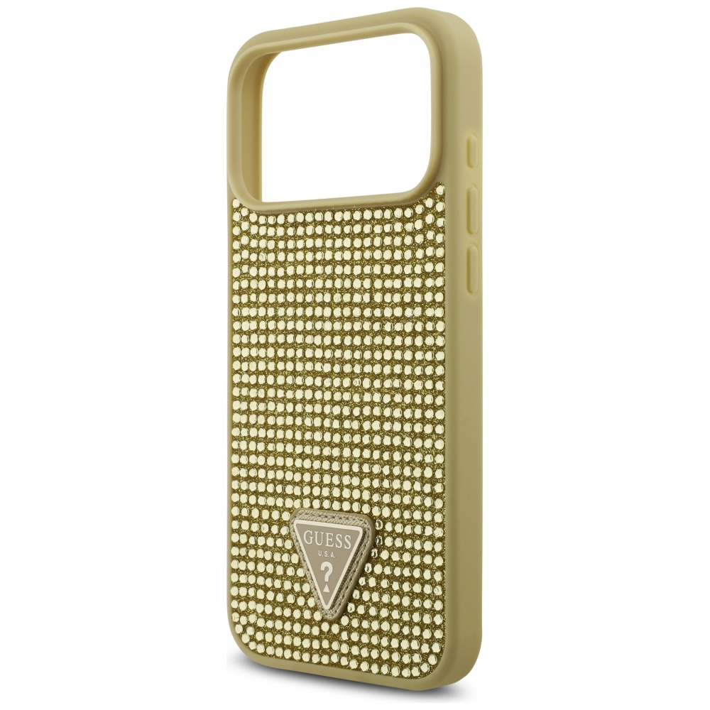 Dėklas Guess Rhinestone Triangle Logo skirtas Apple iPhone 17 Pro Max aukso spalvos