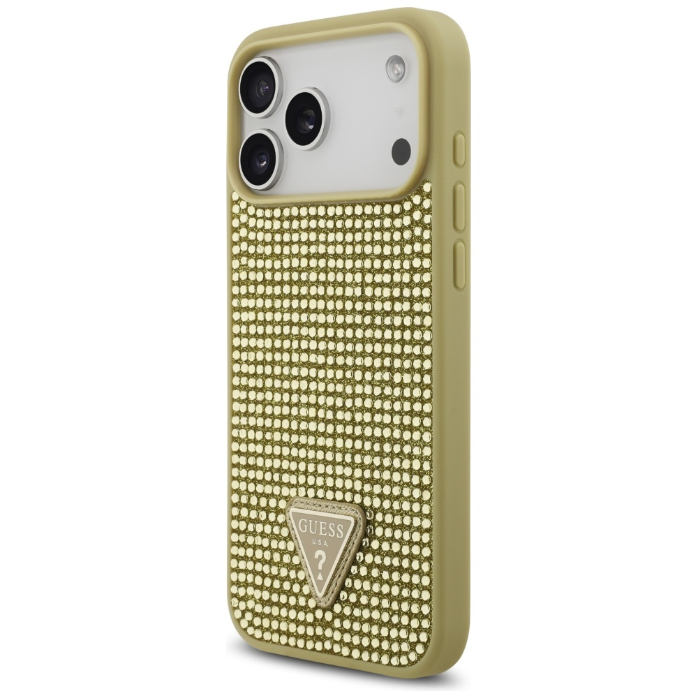 Dėklas Guess Rhinestone Triangle Logo skirtas Apple iPhone 17 Pro Max aukso spalvos