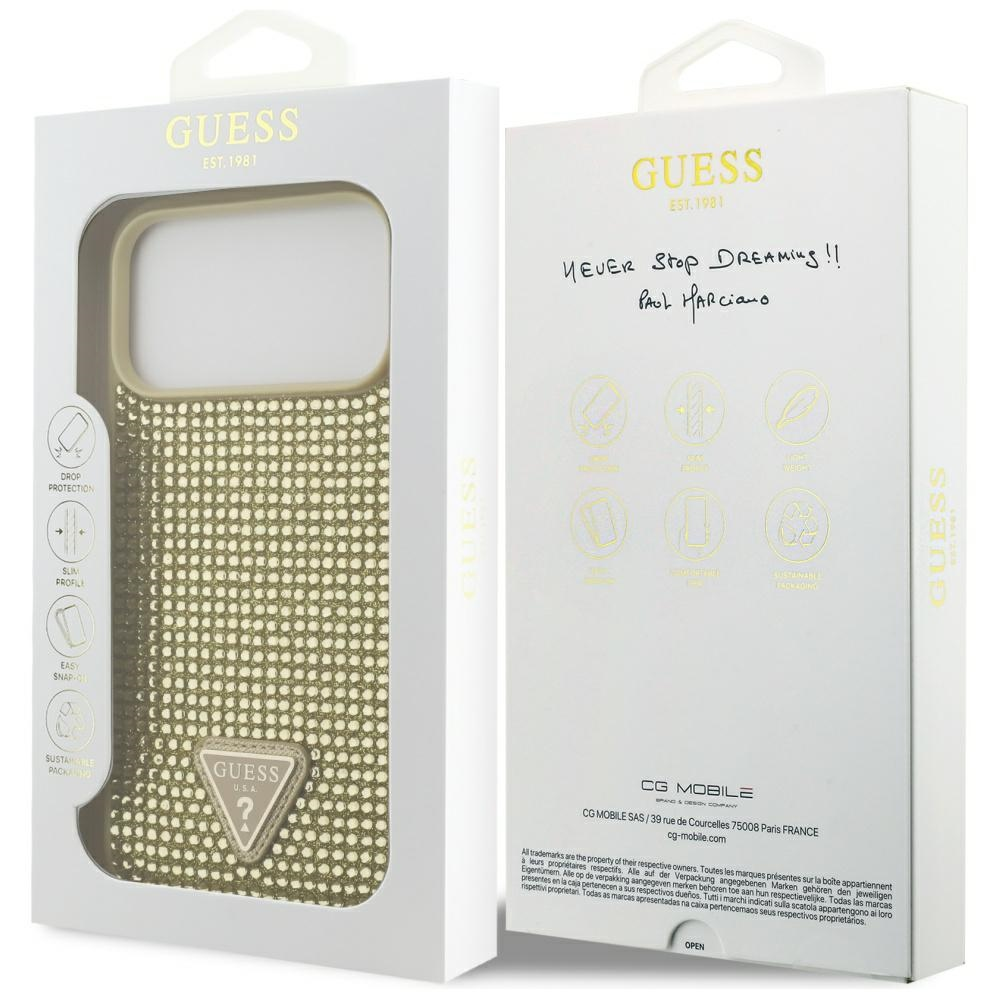 Dėklas Guess Rhinestone Triangle Logo skirtas Apple iPhone 17 Pro Max aukso spalvos