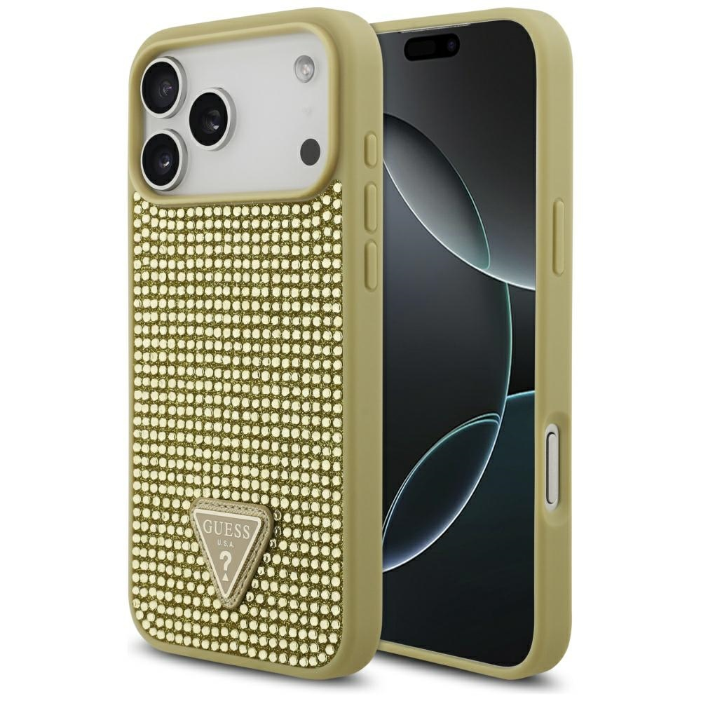 Dėklas Guess Rhinestone Triangle Logo skirtas Apple iPhone 17 Pro Max aukso spalvos