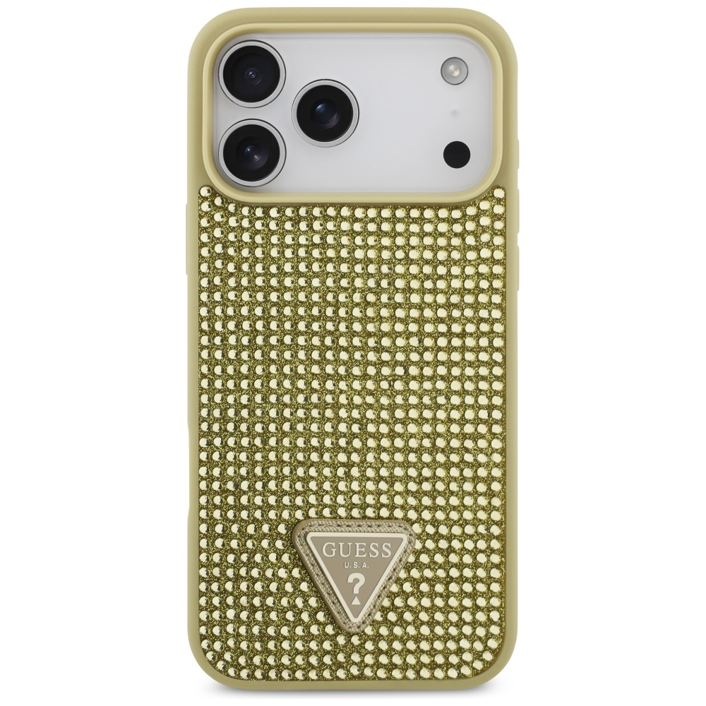 Dėklas Guess Rhinestone Triangle Logo skirtas Apple iPhone 17 Pro Max aukso spalvos