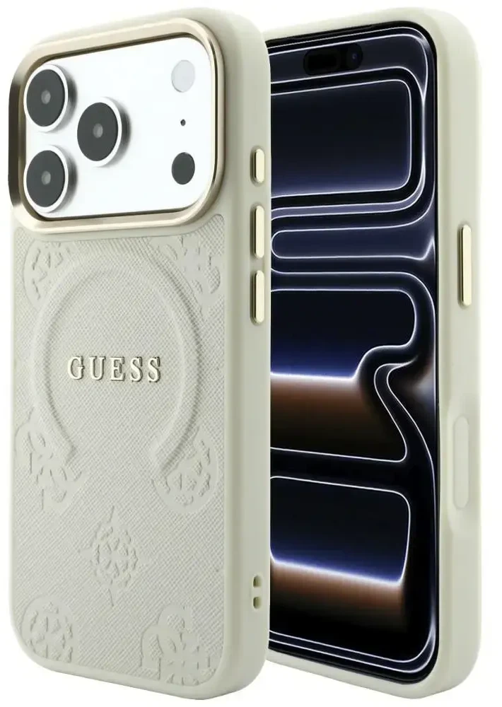 Dėklas Guess Saffiano Peony & Ring MagSafe do iPhone 18 Pro / 17 Pro smėlio spalva