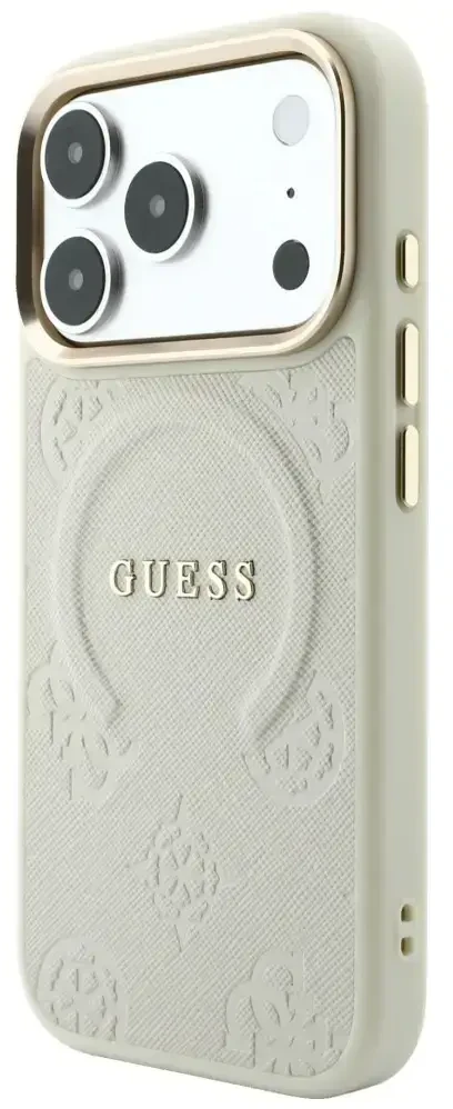Dėklas Guess Saffiano Peony & Ring MagSafe do iPhone 18 Pro / 17 Pro smėlio spalva
