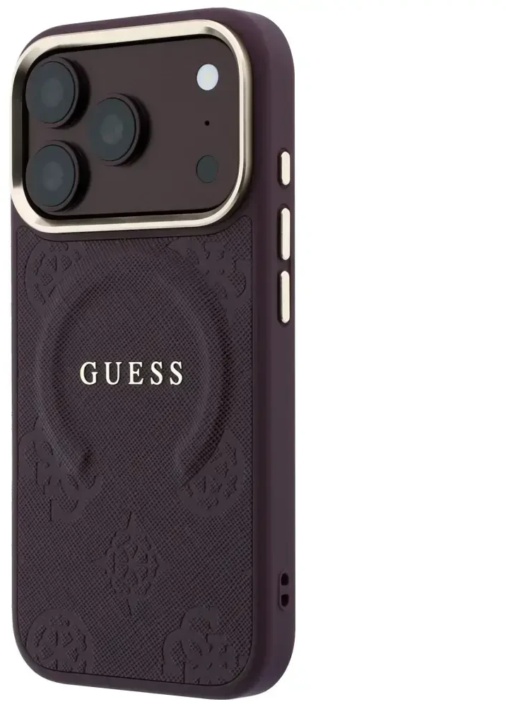 Dėklas Guess Saffiano Peony & Ring MagSafe do iPhone 18 Pro Max / 17 Pro Max bordo spalvos