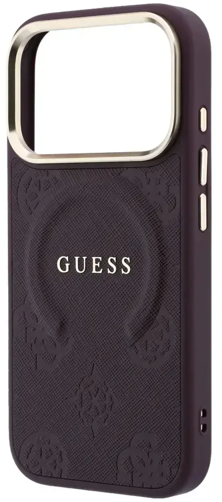 Dėklas Guess Saffiano Peony & Ring MagSafe do iPhone 18 Pro / 17 Pro bordo spalvos