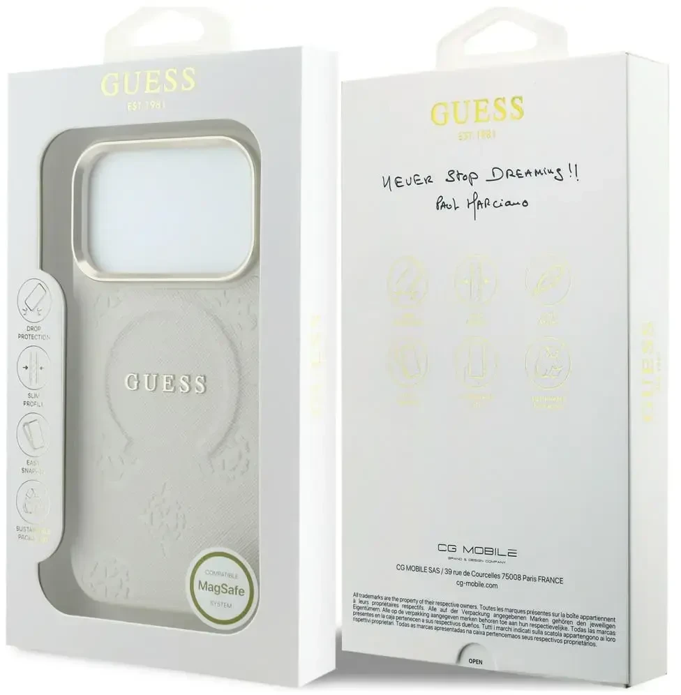Dėklas Guess Saffiano Peony & Ring MagSafe do iPhone 18 Pro / 17 Pro smėlio spalva