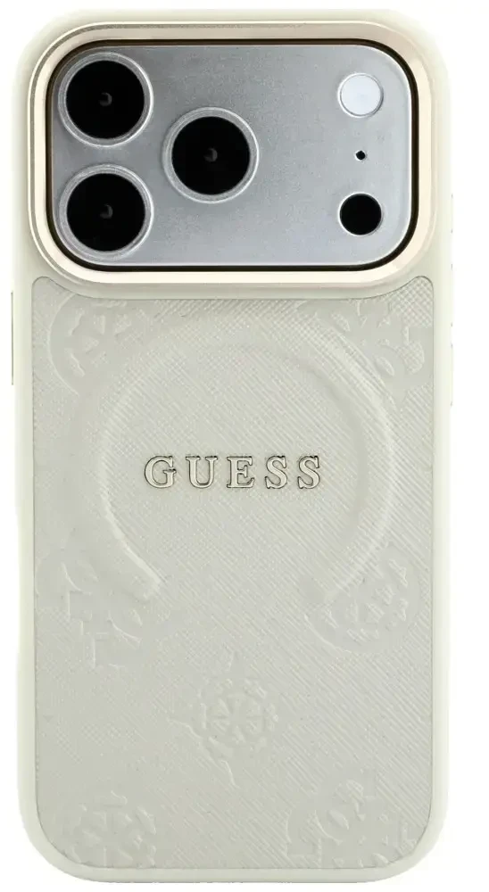 Dėklas Guess Saffiano Peony & Ring MagSafe do iPhone 18 Pro / 17 Pro smėlio spalva