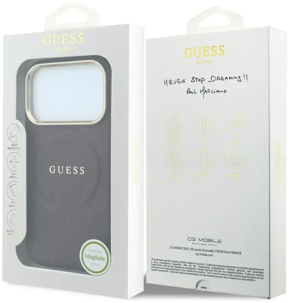 Dėklas Guess Saffiano Peony & Ring MagSafe do iPhone 18 Pro Max / 17 Pro Max bordo spalvos