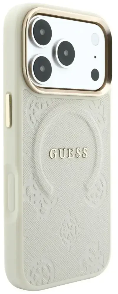Dėklas Guess Saffiano Peony & Ring MagSafe do iPhone 18 Pro / 17 Pro smėlio spalva