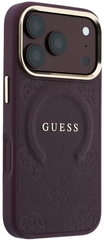 Dėklas Guess Saffiano Peony & Ring MagSafe do iPhone 18 Pro / 17 Pro bordo spalvos