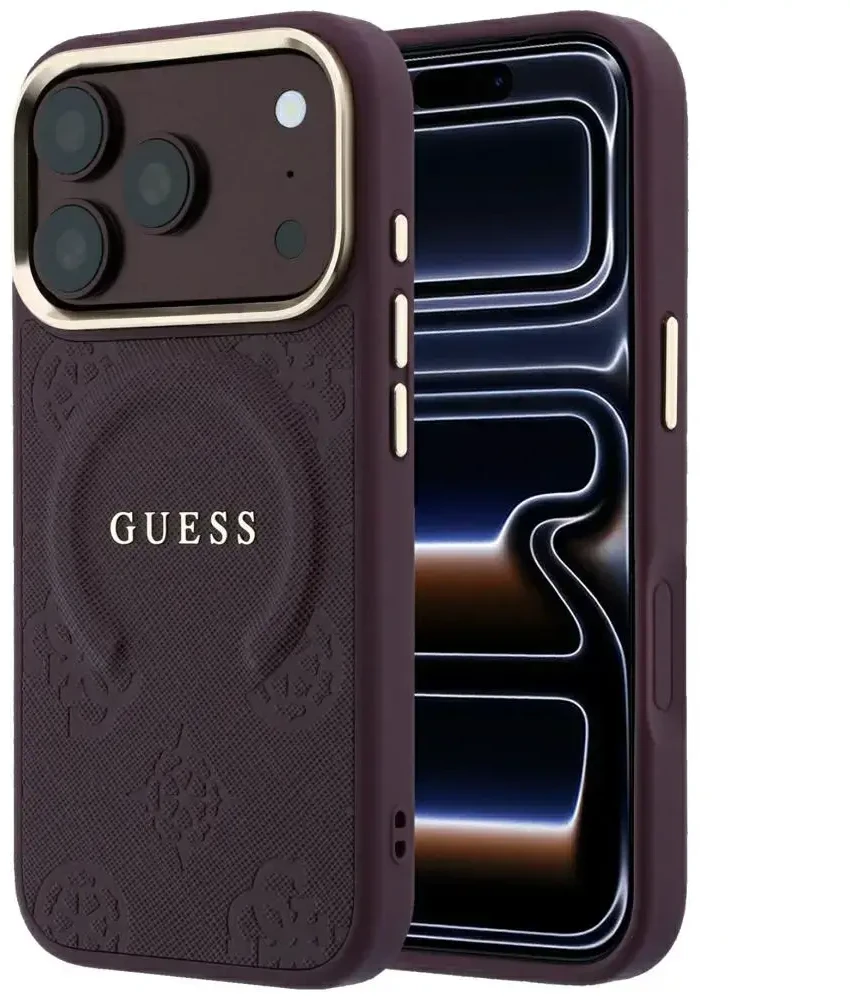 Dėklas Guess Saffiano Peony & Ring MagSafe do iPhone 18 Pro Max / 17 Pro Max bordo spalvos