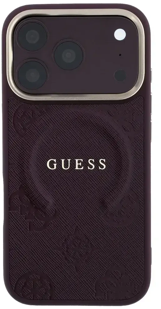 Dėklas Guess Saffiano Peony & Ring MagSafe do iPhone 18 Pro Max / 17 Pro Max bordo spalvos