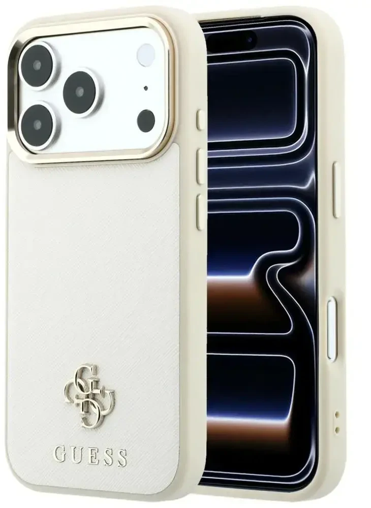 Dėklas Guess Saffiano Small 4G & Classic Logo MagSafe do iPhone 18 Pro Max / 17 Pro Max smėlio spalva