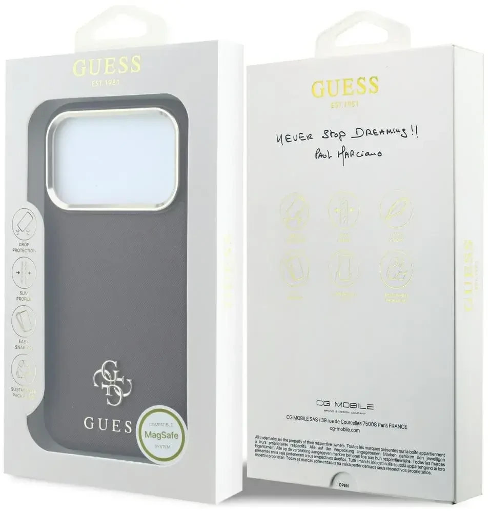 Dėklas Guess Saffiano Small 4G & Classic Logo MagSafe do iPhone 18 Pro / 17 Pro bordo spalvos
