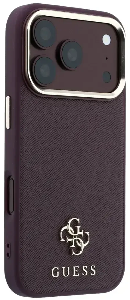 Dėklas Guess Saffiano Small 4G & Classic Logo MagSafe do iPhone 18 Pro / 17 Pro bordo spalvos