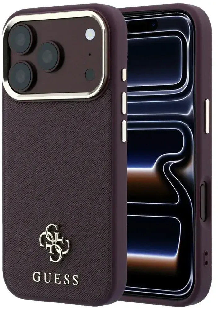 Dėklas Guess Saffiano Small 4G & Classic Logo MagSafe do iPhone 18 Pro / 17 Pro bordo spalvos