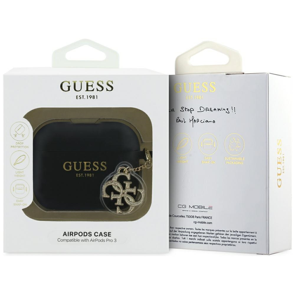 Guess 4G Charm Silicone dėklas skirtas AirPods Pro 3 juodos spalvos