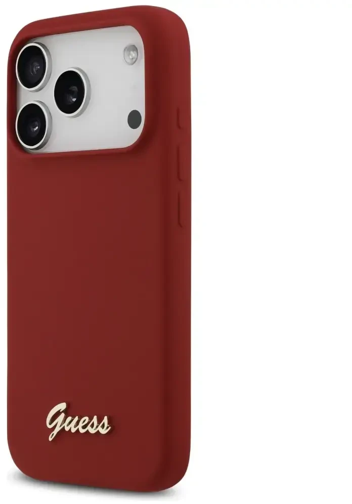 Dėklas Guess Silicone Script Metal Logo MagSafe skirtas Apple iPhone 17 Pro magenta