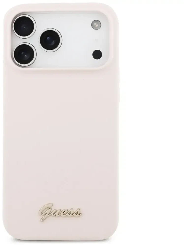 Dėklas Guess Silicone Script Metal Logo MagSafe skirtas Apple iPhone 17 Pro Max rožinės spalvos