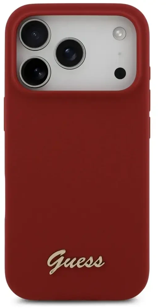 Dėklas Guess Silicone Script Metal Logo MagSafe skirtas Apple iPhone 17 Pro magenta