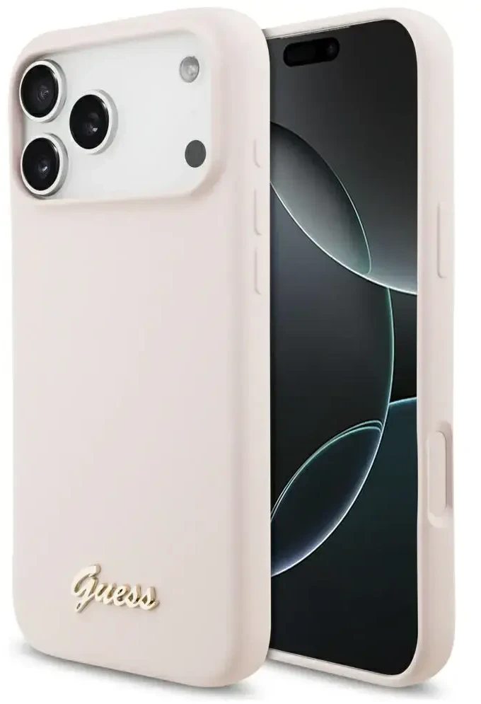 Dėklas Guess Silicone Script Metal Logo MagSafe skirtas Apple iPhone 17 Pro Max rožinės spalvos