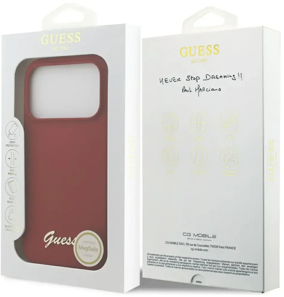 Dėklas Guess Silicone Script Metal Logo MagSafe skirtas Apple iPhone 17 Pro magenta
