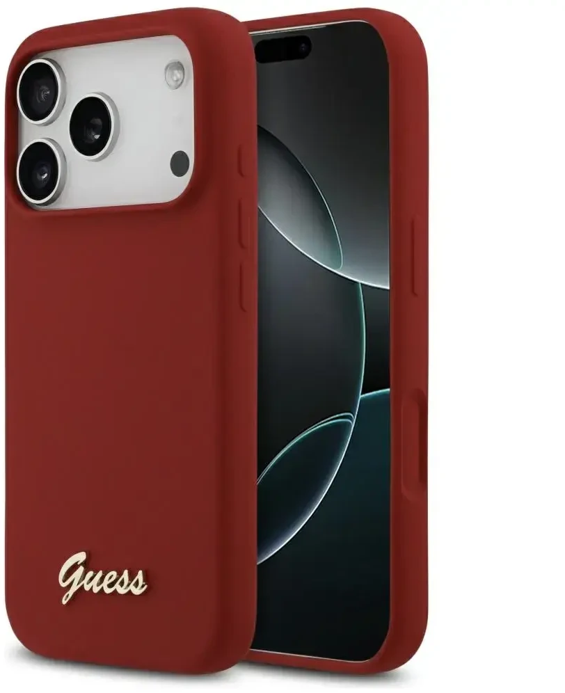 Dėklas Guess Silicone Script Metal Logo MagSafe skirtas Apple iPhone 17 Pro magenta