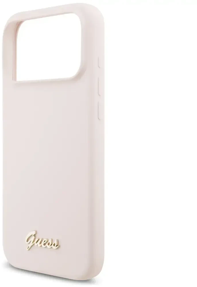 Dėklas Guess Silicone Script Metal Logo MagSafe skirtas Apple iPhone 17 Pro Max rožinės spalvos