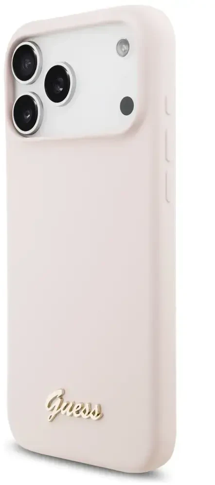 Dėklas Guess Silicone Script Metal Logo MagSafe skirtas Apple iPhone 17 Pro Max rožinės spalvos