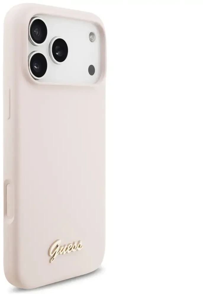 Dėklas Guess Silicone Script Metal Logo MagSafe skirtas Apple iPhone 17 Pro Max rožinės spalvos