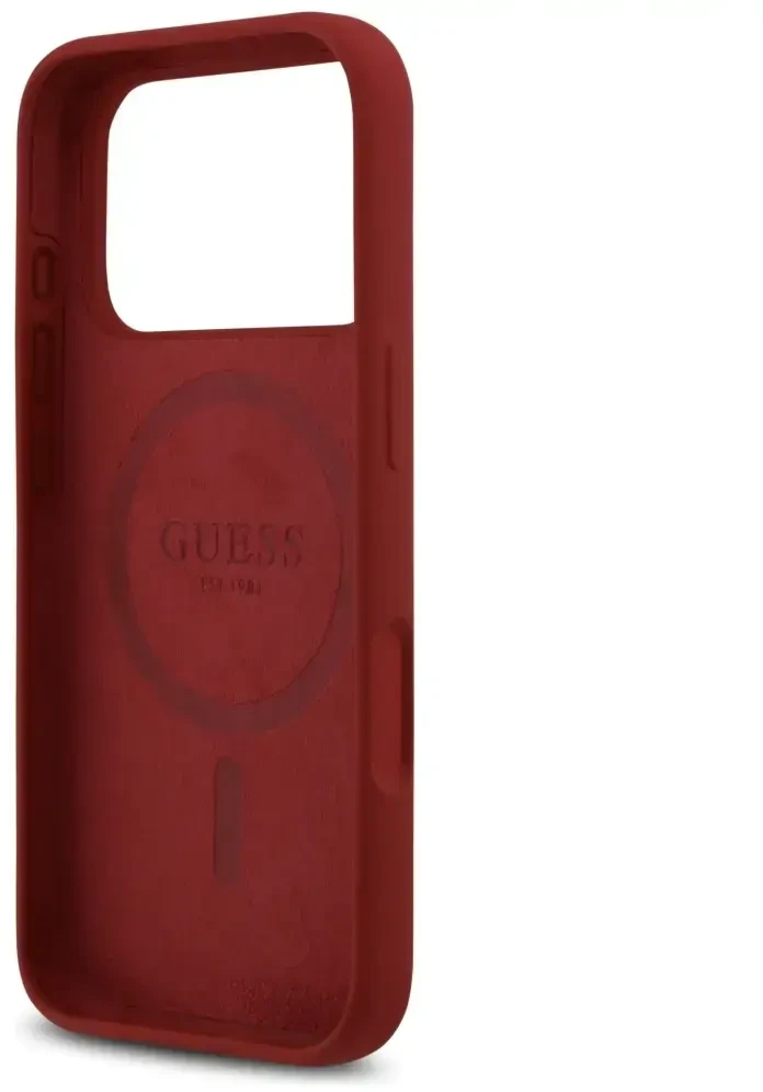 Dėklas Guess Silicone Script Metal Logo MagSafe skirtas Apple iPhone 17 Pro magenta