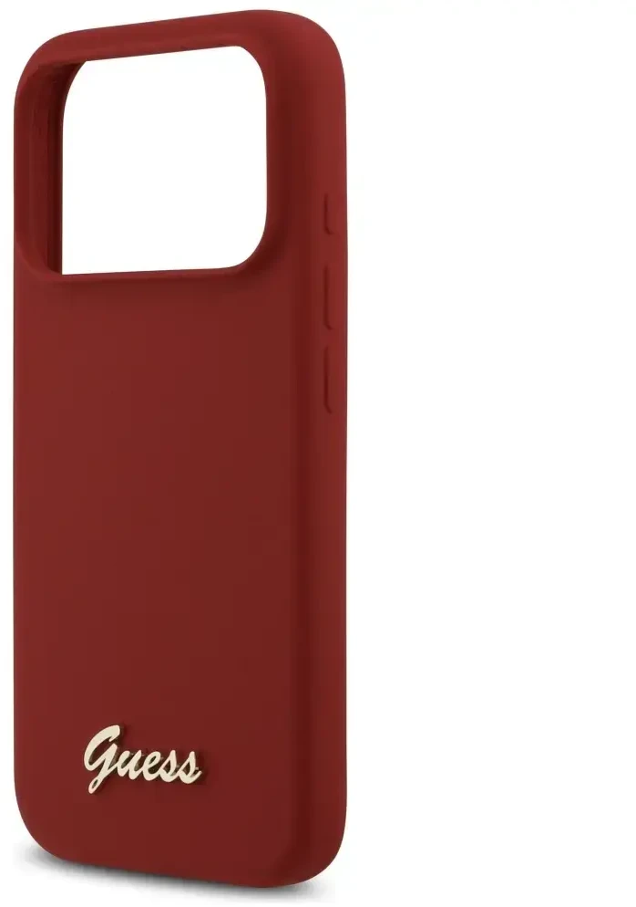 Dėklas Guess Silicone Script Metal Logo MagSafe skirtas Apple iPhone 17 Pro magenta