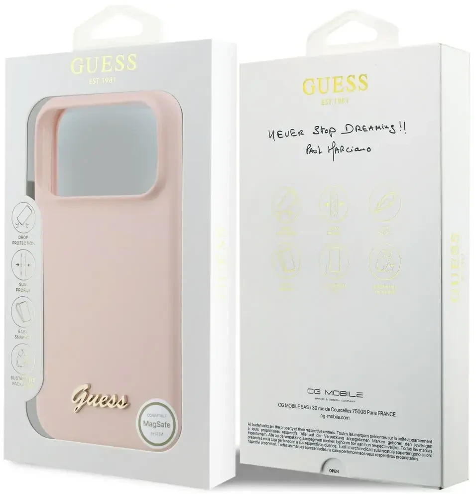 Dėklas Guess Silicone Script Metal Logo MagSafe skirtas Apple iPhone 17 Pro Max rožinės spalvos