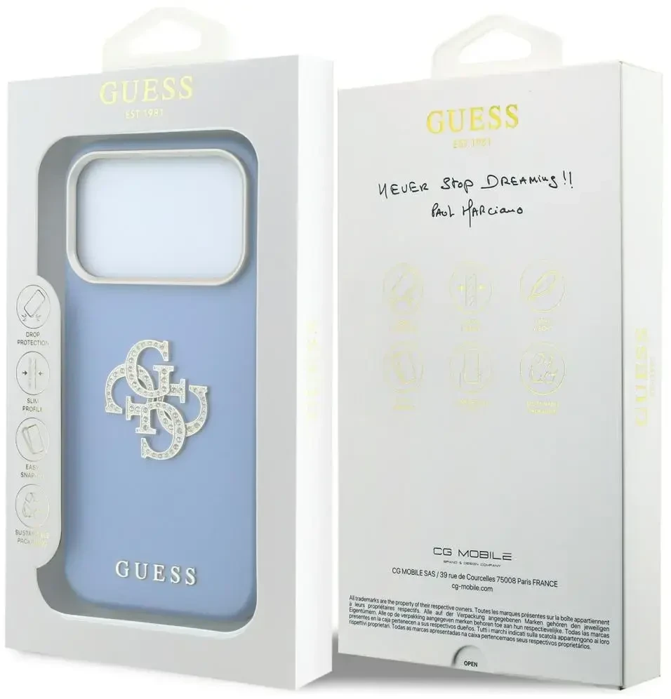 Dėklas Guess Smooth & Big Strass Logo do iPhone 18 Pro Max / 17 Pro Max mėlyna