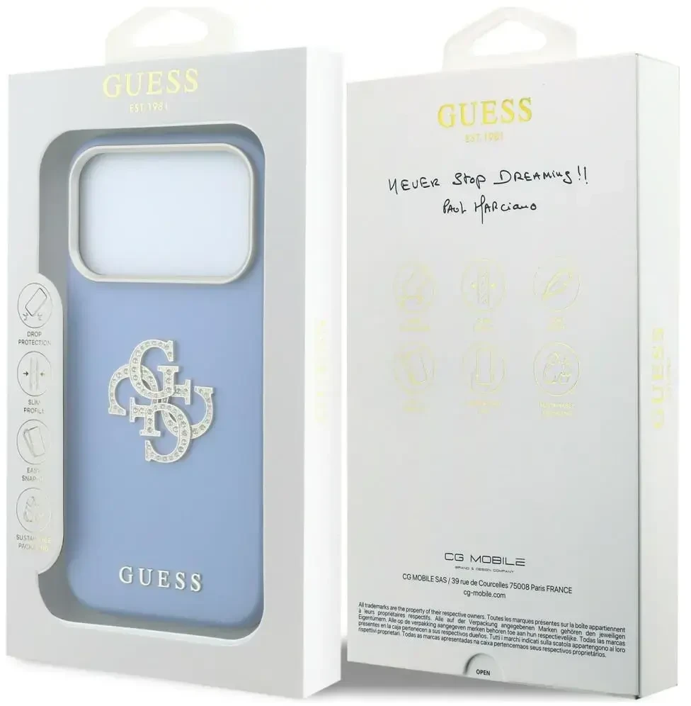 Dėklas Guess Smooth & Big Strass Logo, skirtas iPhone 18 Pro / 17 Pro, mėlynas