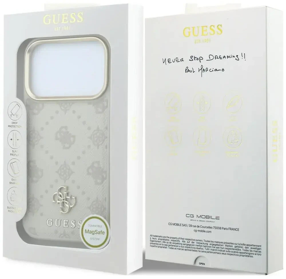 Dėklas Guess Stripe Peony 4G Logo MagSafe do iPhone 18 Pro / 17 Pro smėlio spalva
