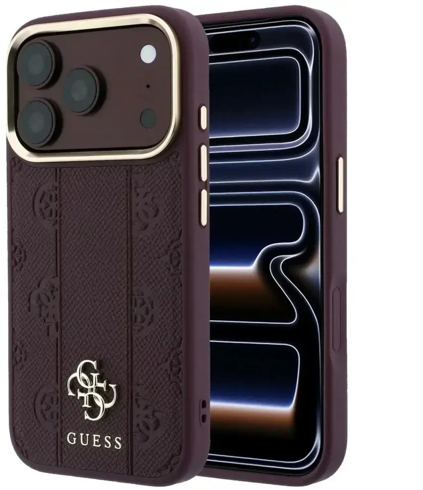 Dėklas Guess Stripe Peony 4G Logo MagSafe do iPhone 18 Pro / 17 Pro bordo spalvos