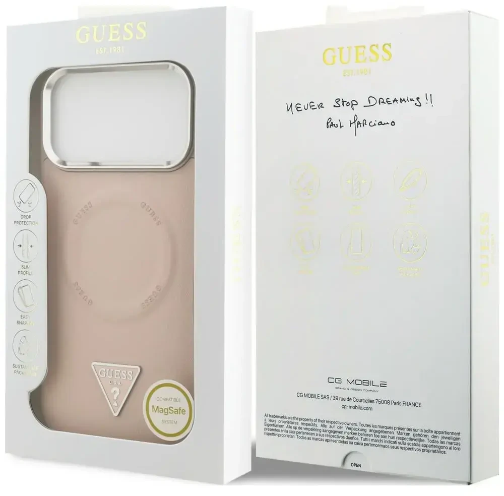 Dėklas Guess Triangle Logo MagSafe skirtas iPhone 18 Pro / 17 Pro rožinis