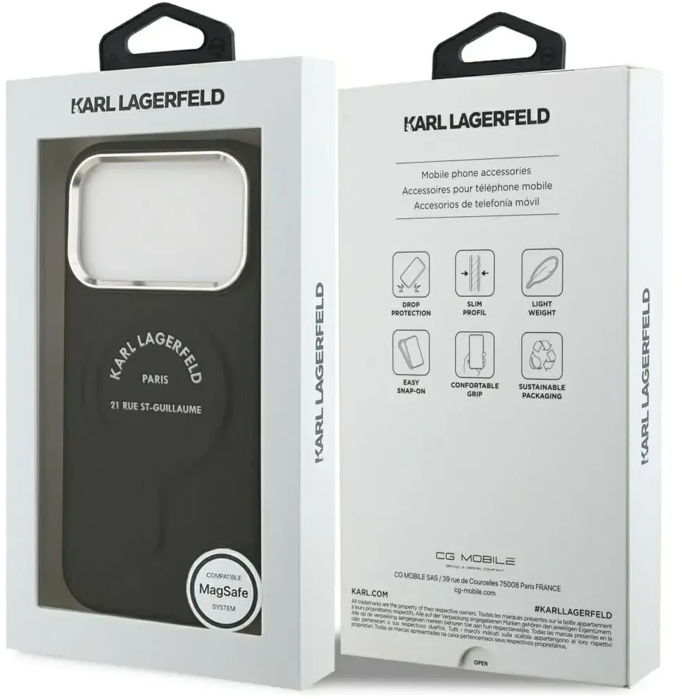 Dėklas Karl Lagerfeld Embossed Open Ring RSG Logo MagSafe skirtas iPhone 18 Pro Max / 17 Pro Max juodas