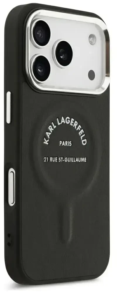Dėklas Karl Lagerfeld Embossed Open Ring RSG Logo MagSafe skirtas iPhone 18 Pro Max / 17 Pro Max juodas