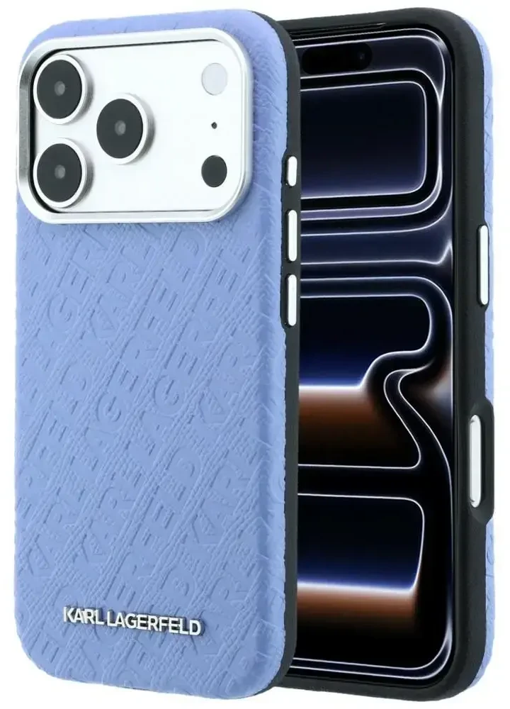 Dėklas Karl Lagerfeld Grained Allover Logo Metal Elongated MagSafe Case for iPhone 17 Pro Max / 18 Pro Max - Mėlyna