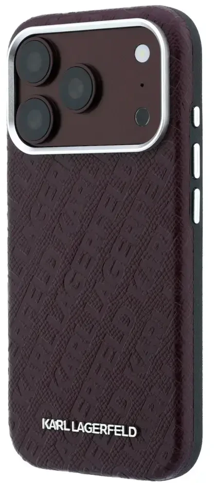 Dėklas Karl Lagerfeld Grained Allover Logo Metal Elongated MagSafe skirtas iPhone 18 Pro / 17 Pro burgundy