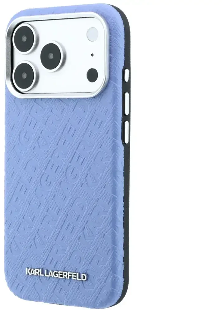 Dėklas Karl Lagerfeld Grained Allover Logo Metal Elongated MagSafe skirtas iPhone 18 Pro / 17 Pro mėlynas