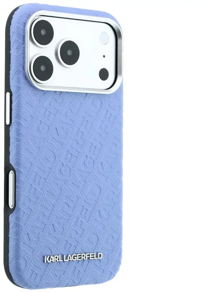 Dėklas Karl Lagerfeld Grained Allover Logo Metal Elongated MagSafe skirtas iPhone 18 Pro / 17 Pro mėlynas