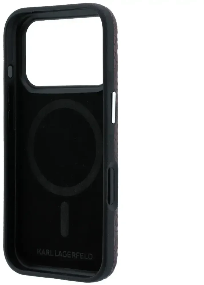 Dėklas Karl Lagerfeld Grained Allover Logo Metal Elongated MagSafe skirtas iPhone 18 Pro / 17 Pro burgundy