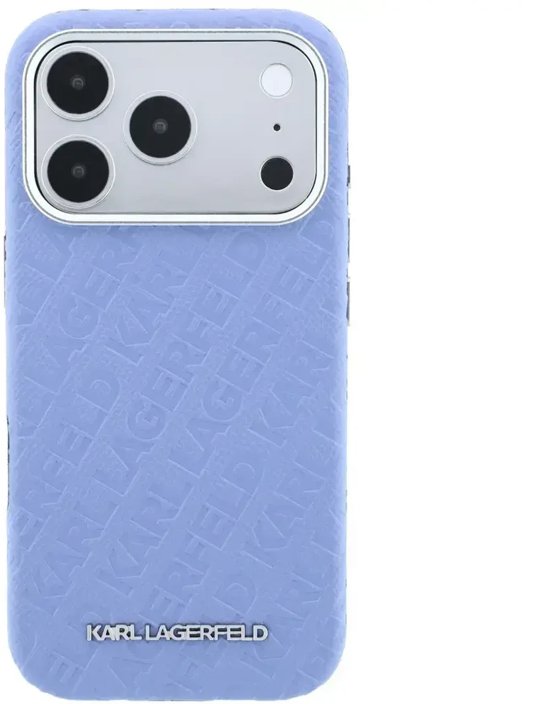 Dėklas Karl Lagerfeld Grained Allover Logo Metal Elongated MagSafe skirtas iPhone 18 Pro / 17 Pro mėlynas