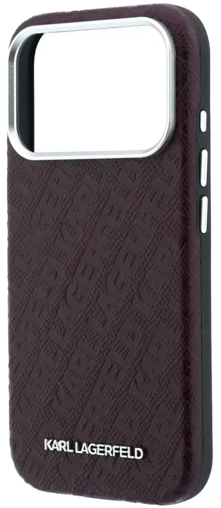 Dėklas Karl Lagerfeld Grained Allover Logo Metal Elongated MagSafe skirtas iPhone 18 Pro / 17 Pro burgundy